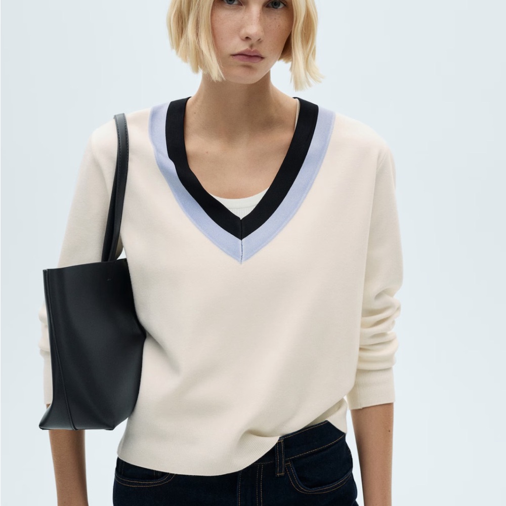 Mango V-Neck Sweater with Black and Cream Accents